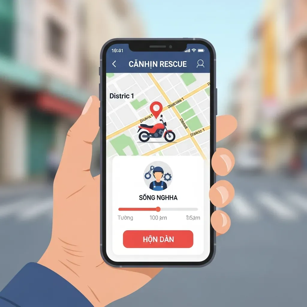 Điện thoại hiển thị giao diện ứng dụng cứu hộ xe máy với bản đồ và biểu tượng thợ.