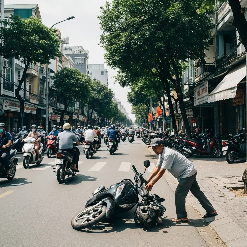 Đường phố Quận 1 đông đúc với nhiều xe máy, một người đàn ông đang dắt bộ xe hỏng.