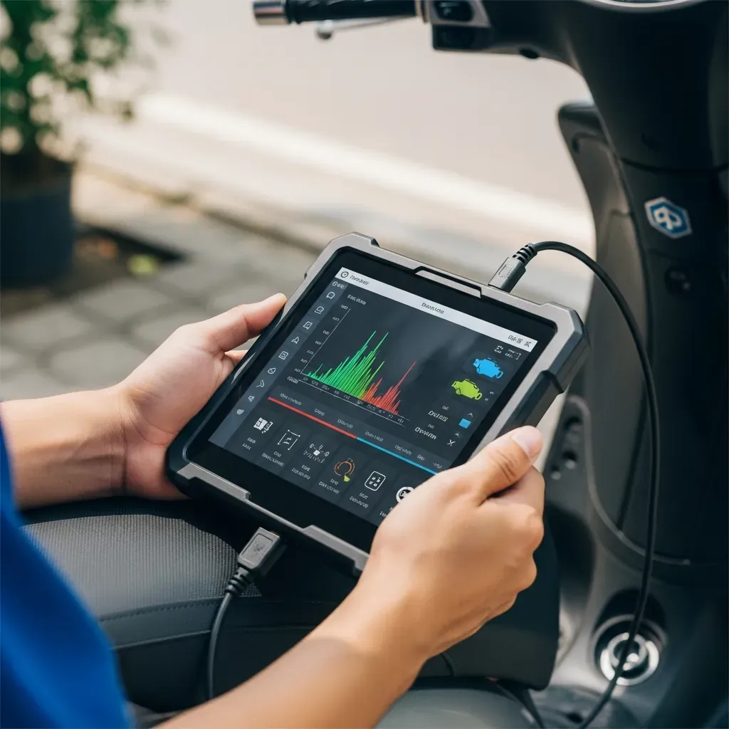 Máy đọc lỗi cầm tay đang kết nối với xe tay ga Piaggio.
