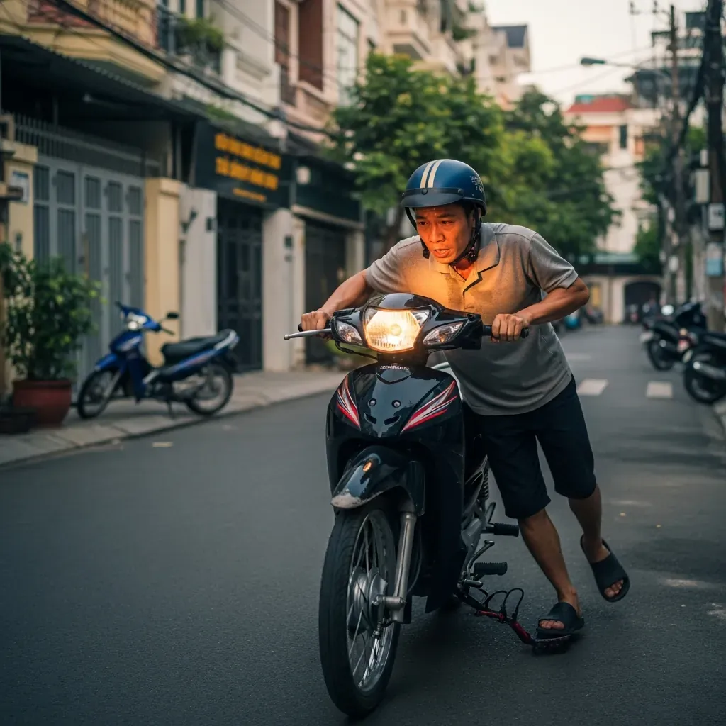 Một người đàn ông đang đẩy xe máy để khởi động lại bình ắc quy yếu.