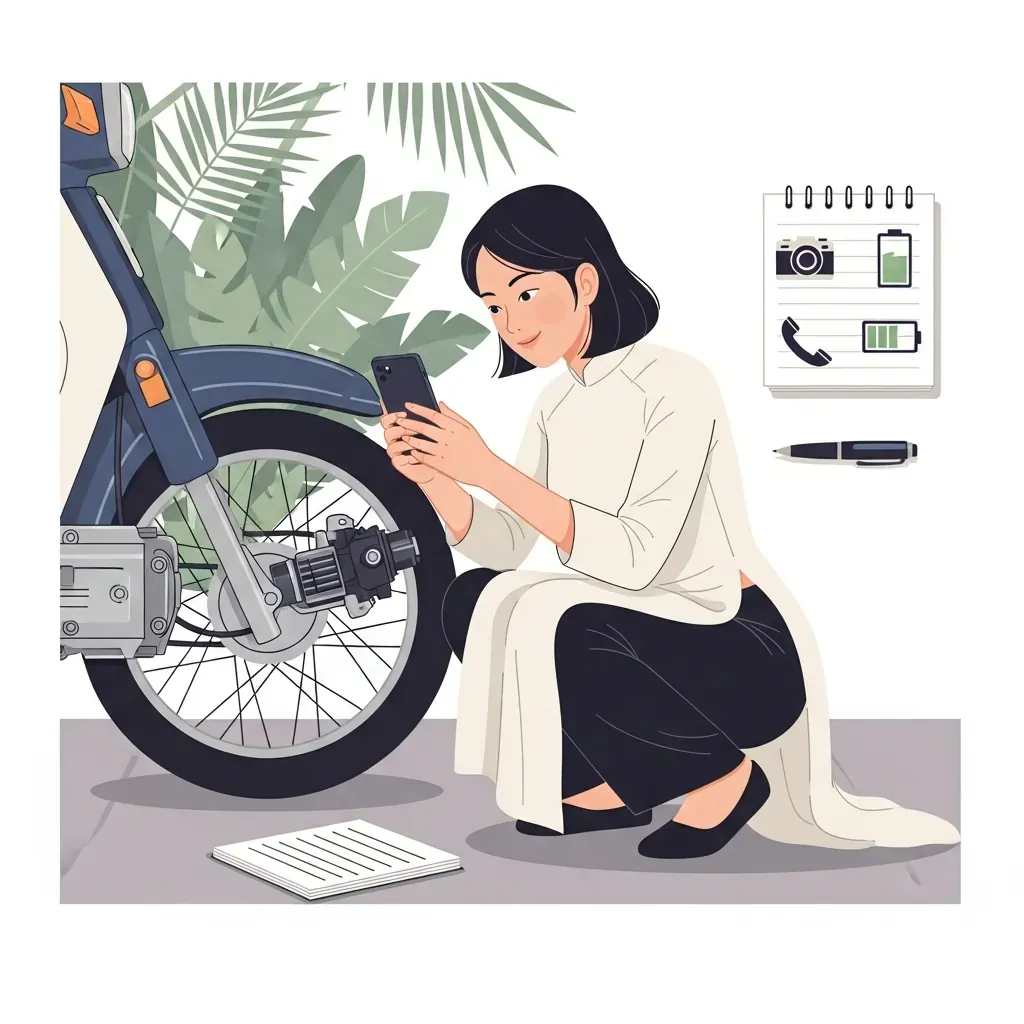 Người phụ nữ Việt đang chụp ảnh xe máy trước khi gọi thợ sửa.