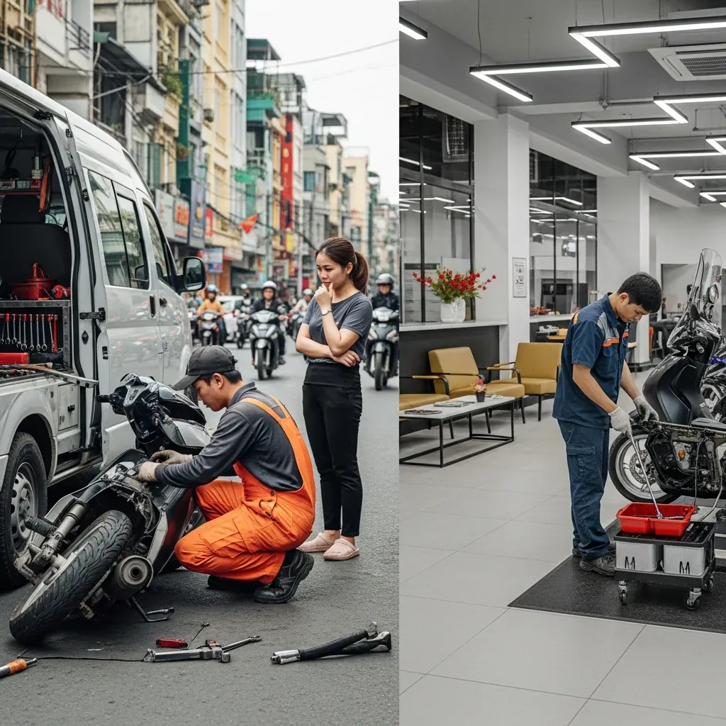 So sánh giữa sửa xe lưu động và tiệm sửa cố định, cảnh trái có xe cứu hộ, cảnh phải là tiệm chuyên nghiệp.
