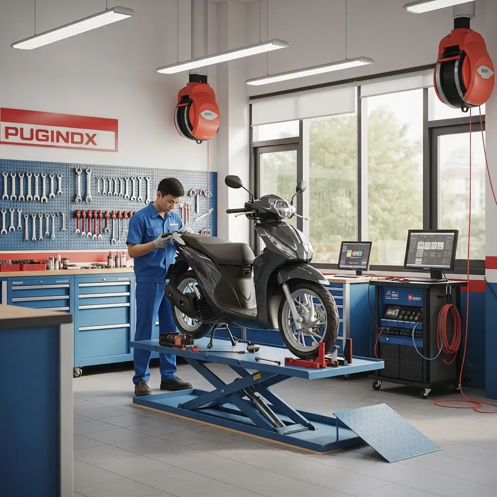 Tiệm sửa xe máy sáng sủa tại Quận 1 với thợ Việt Nam đang kiểm tra xe.