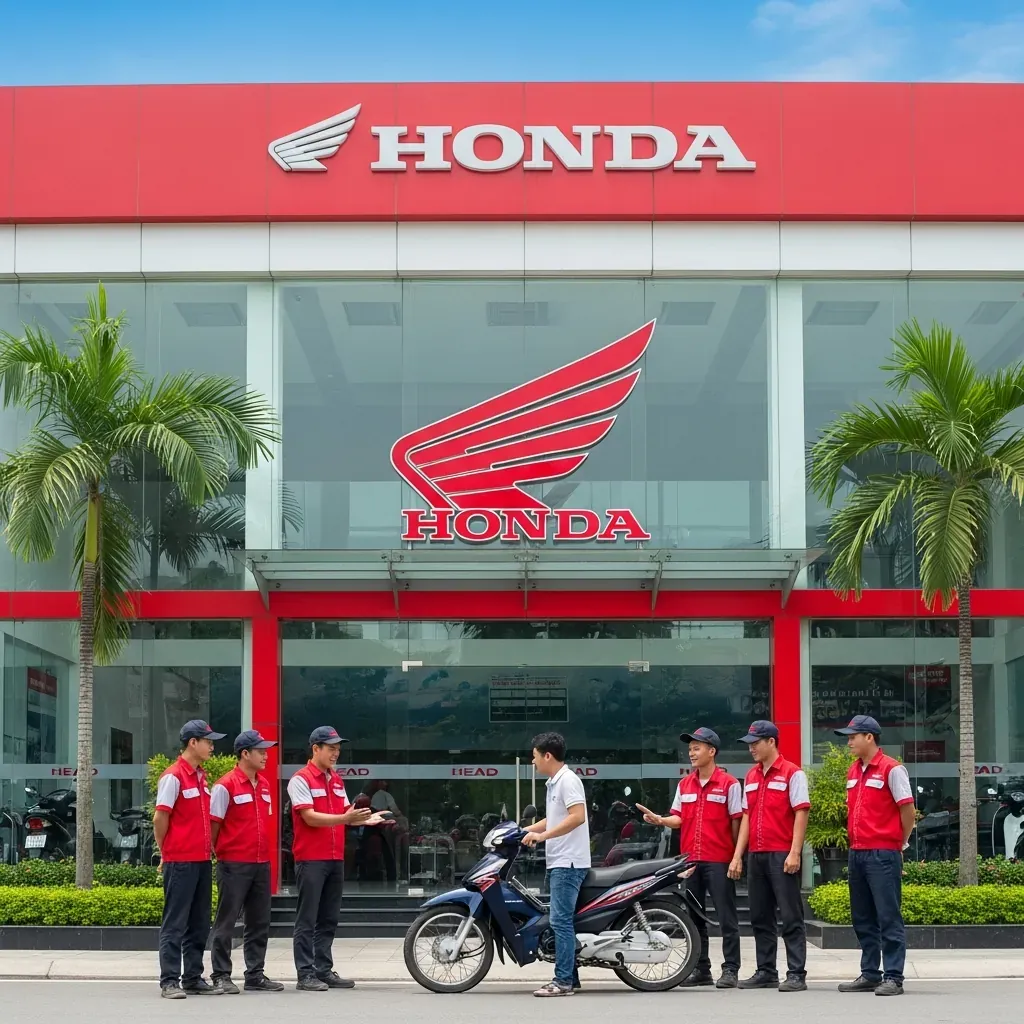 Tòa nhà HEAD Honda hiện đại tại Quận 1 với biểu tượng cánh chim Honda.