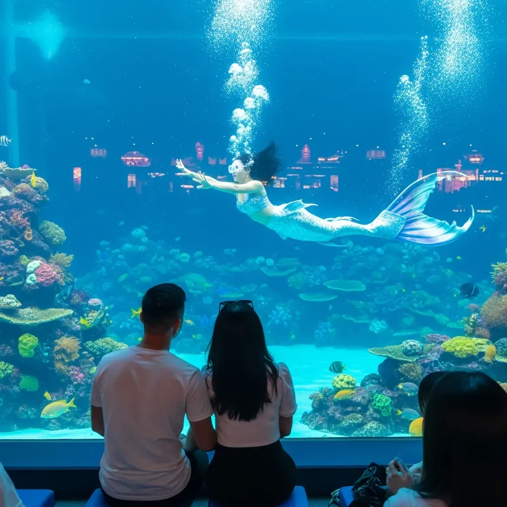 Cặp đôi trẻ Việt Nam đang xem show nàng tiên cá dưới nước ở thủy cung Suối Tiên.