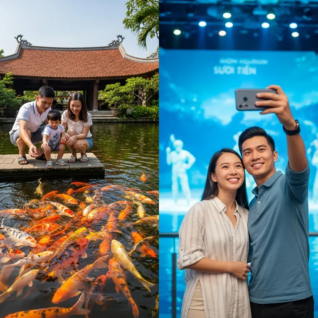 Hai khung cảnh: gia đình cho cá koi ăn ở Đầm Sen, cặp đôi chụp ảnh ở Suối Tiên, thể hiện hai lịch trình nửa buổi sáng.