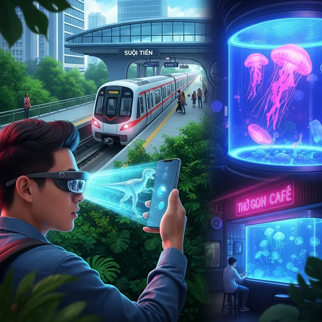 Minh họa tương lai thủy cung Sài Gòn với công nghệ VR và quán cà phê sứa tại khu vực ga metro Suối Tiên.