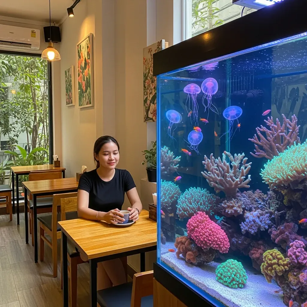 Nữ khách Việt Nam thư giãn bên bể thủy sinh đầy san hô và sứa trong quán cà phê mini giữa Sài Gòn.
