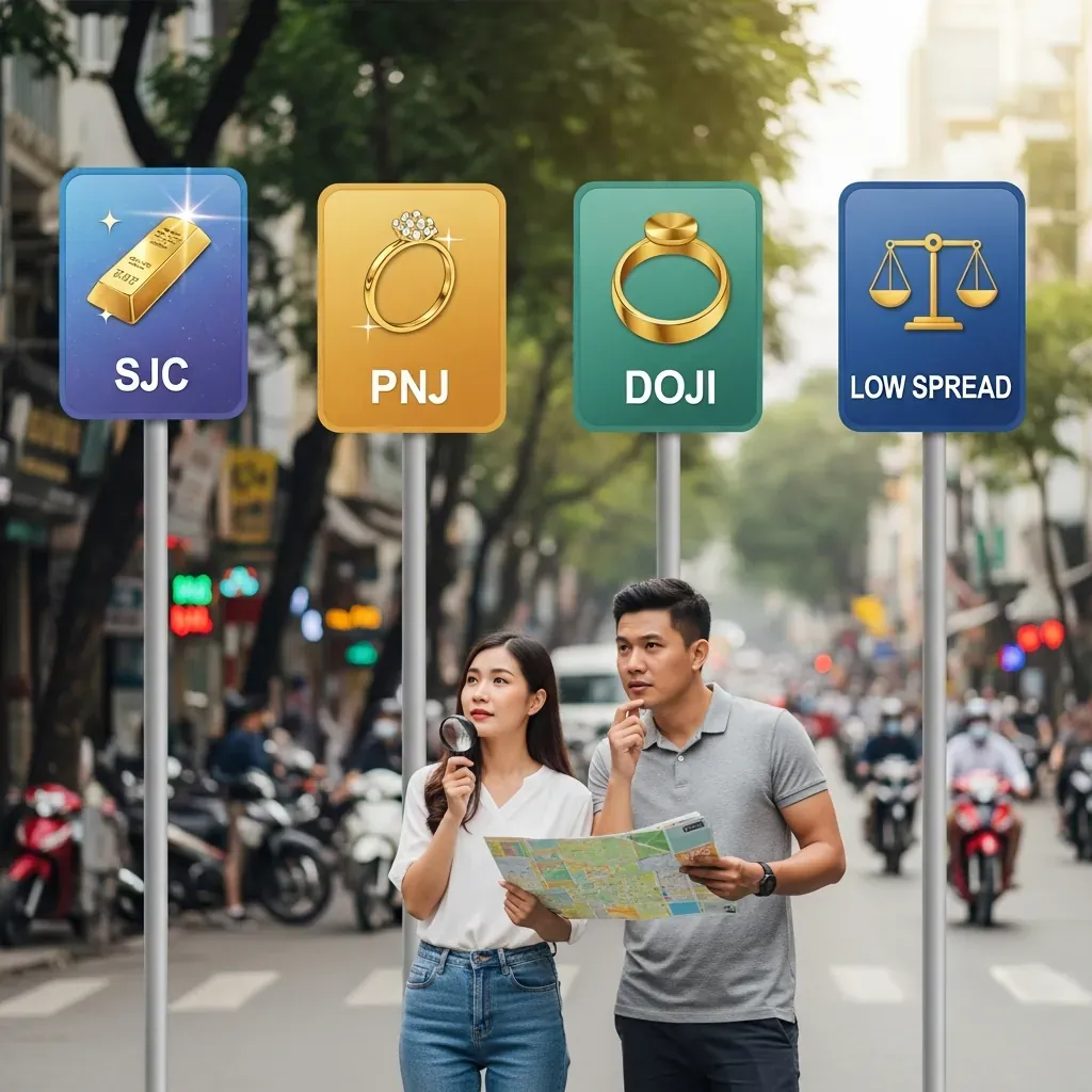 Cặp đôi người Việt đứng trước ngã tư với các biểu tượng đại diện cho các thương hiệu vàng.