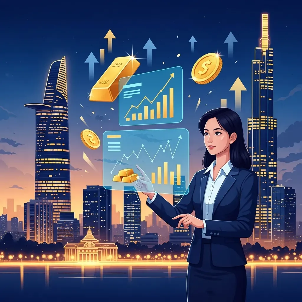 Minh họa thị trường vàng tại TP.HCM với biểu đồ tăng trưởng, vàng miếng và đường chân trời thành phố.