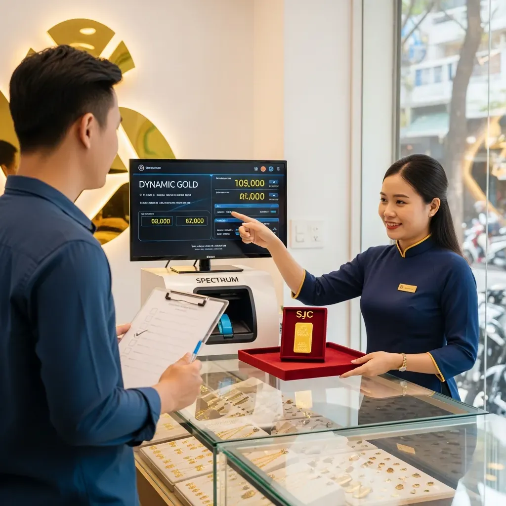 Người đàn ông Việt Nam đang kiểm tra các tiêu chí tại tiệm vàng, nhân viên đưa vàng miếng và chỉ bảng giá.