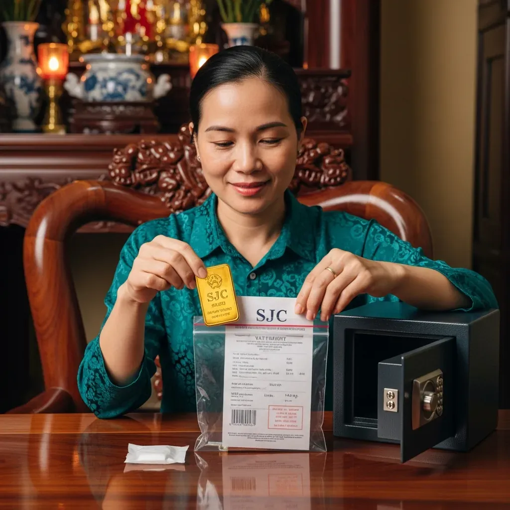 Người phụ nữ cất vàng miếng và hóa đơn vào túi chống ẩm để bảo quản lâu dài.