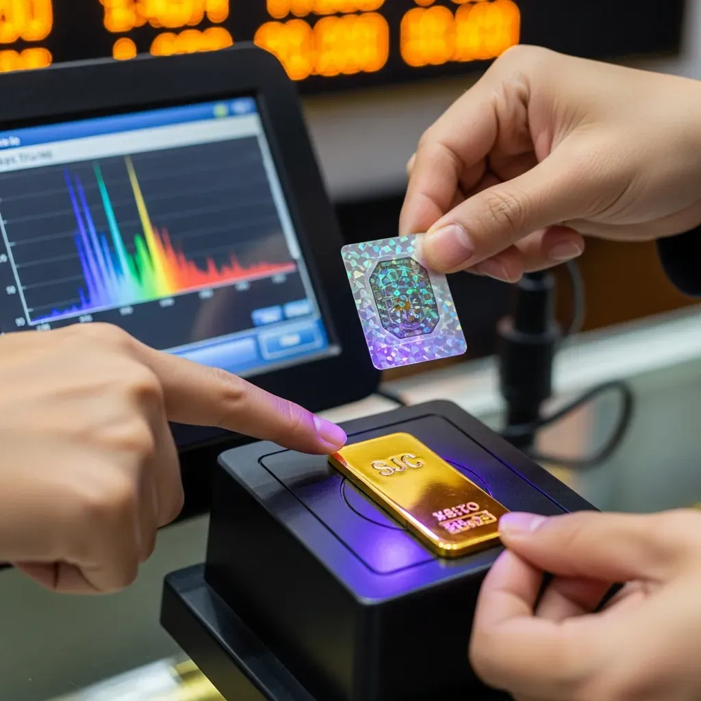 Nhân viên kiểm tra tuổi vàng bằng máy quang phổ trước mặt khách hàng.