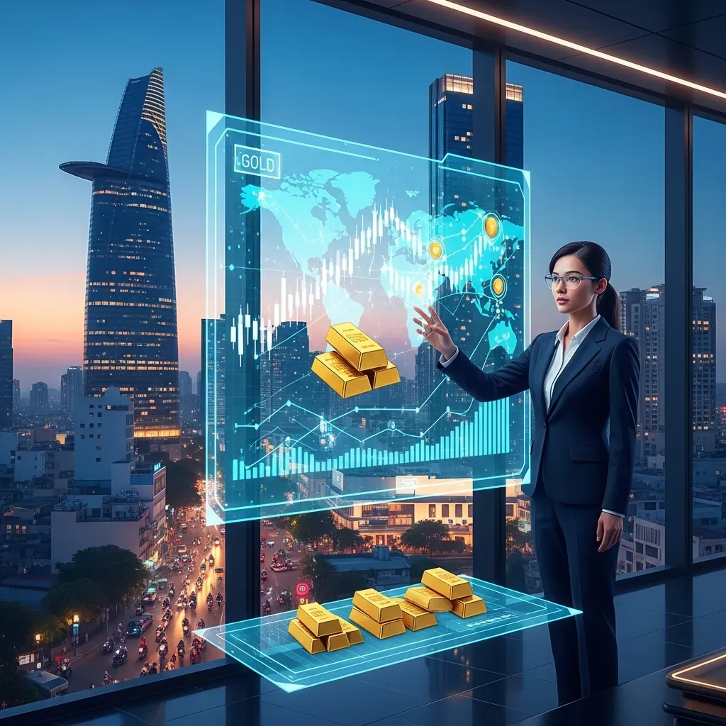 Nữ nhà đầu tư Việt Nam tương tác với bảng hiển thị vàng 3D trong bối cảnh tương lai.