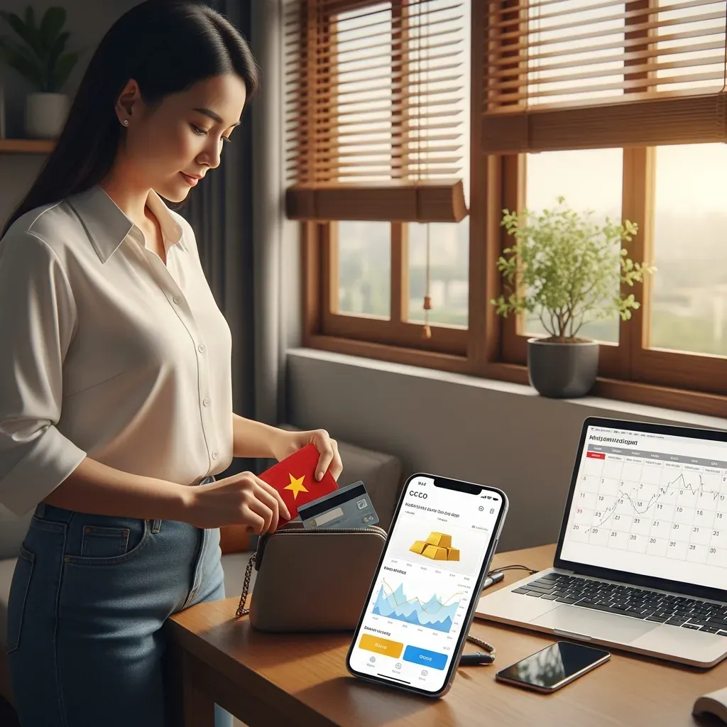 Phụ nữ Việt Nam chuẩn bị giấy tờ và kiểm tra giá vàng trước khi đi mua.