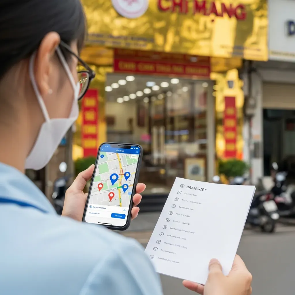 Phụ nữ Việt Nam dùng điện thoại kiểm tra chi nhánh tiệm vàng trước mặt tiền cửa hàng.
