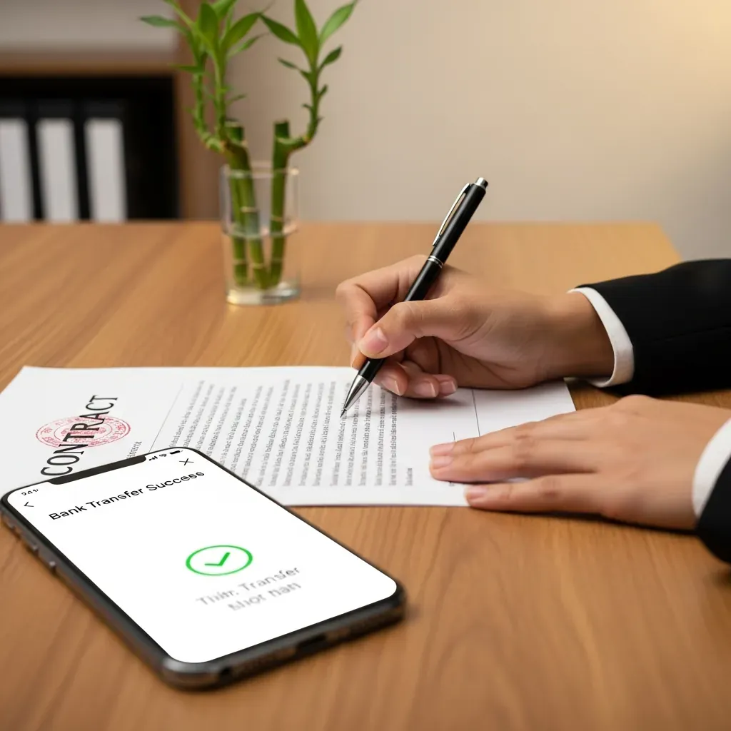 Đôi tay ký hợp đồng và điện thoại hiển thị thanh toán thành công.