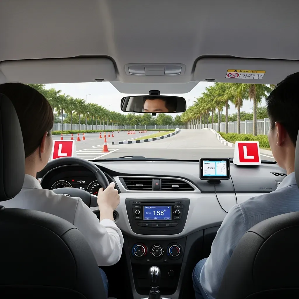 Học viên nữ thực hiện bài thi sa hình với xe có gắn chip giám sát.