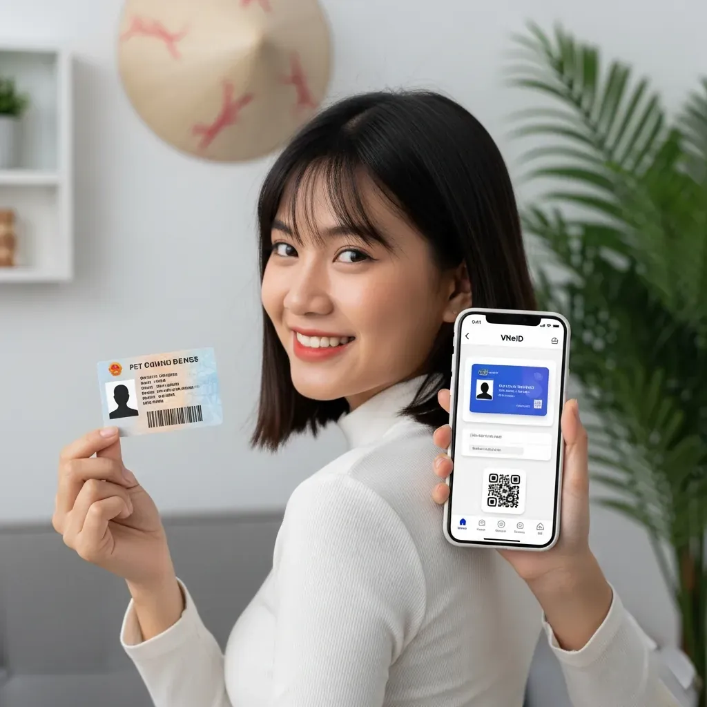 Người phụ nữ cầm bằng lái thẻ PET và điện thoại hiển thị VNeID.