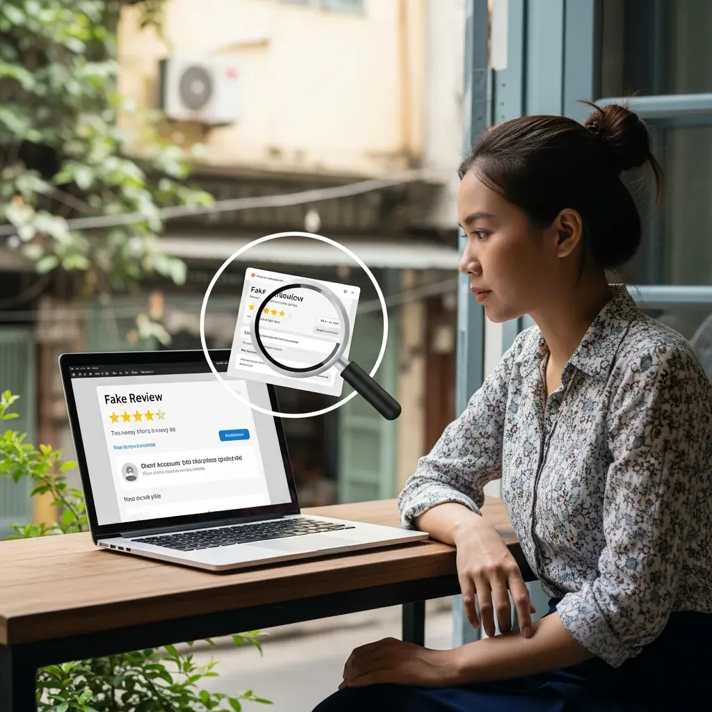 Người phụ nữ kiểm tra tính xác thực của các đánh giá trực tuyến.