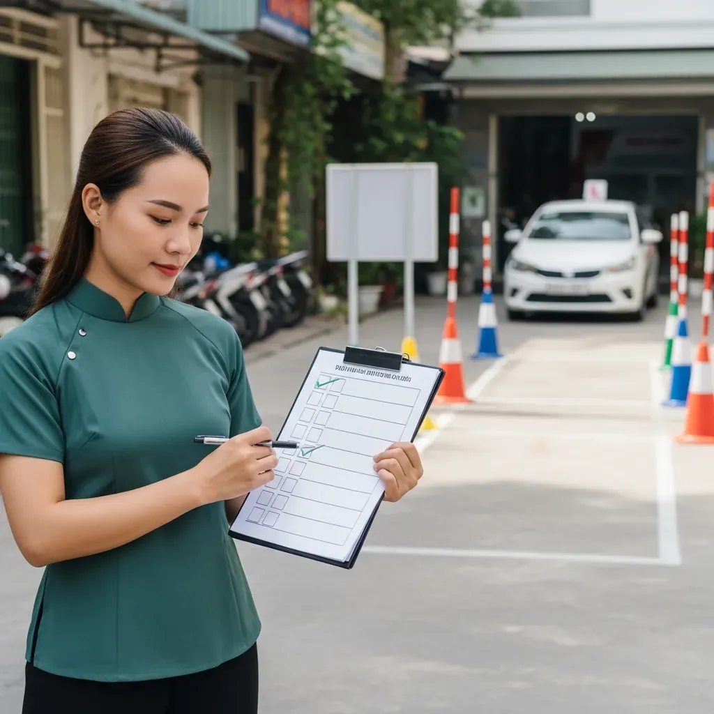 Người phụ nữ Việt Nam đối chiếu danh sách kiểm tra với sân tập của trung tâm đào tạo lái xe.