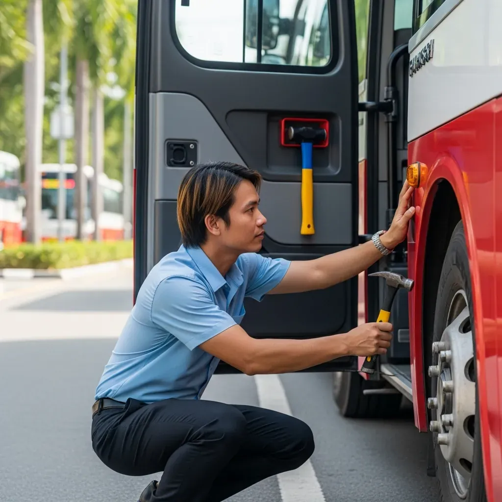 Hành khách Việt kiểm tra an toàn xe trước chuyến đi.