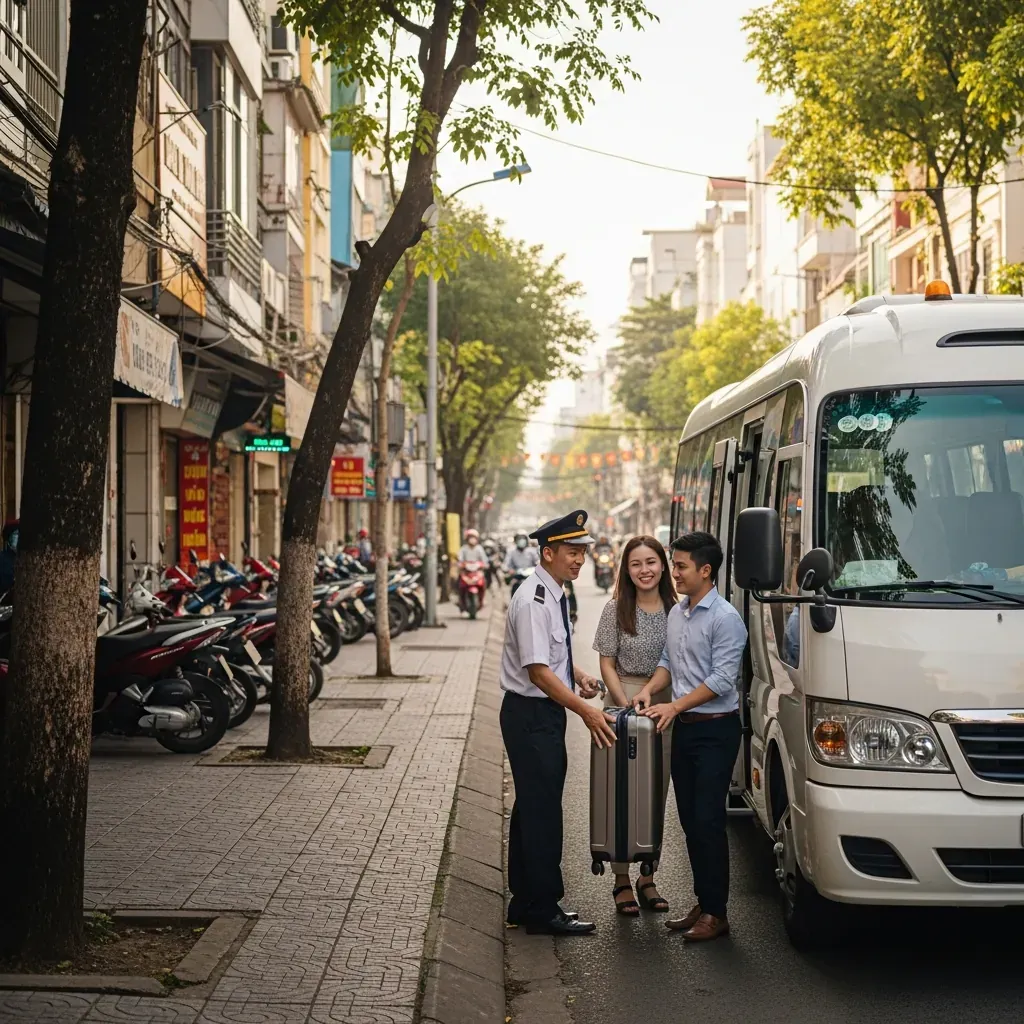 Tài xế trung chuyển hỗ trợ hành khách tại điểm đón ở Sài Gòn.