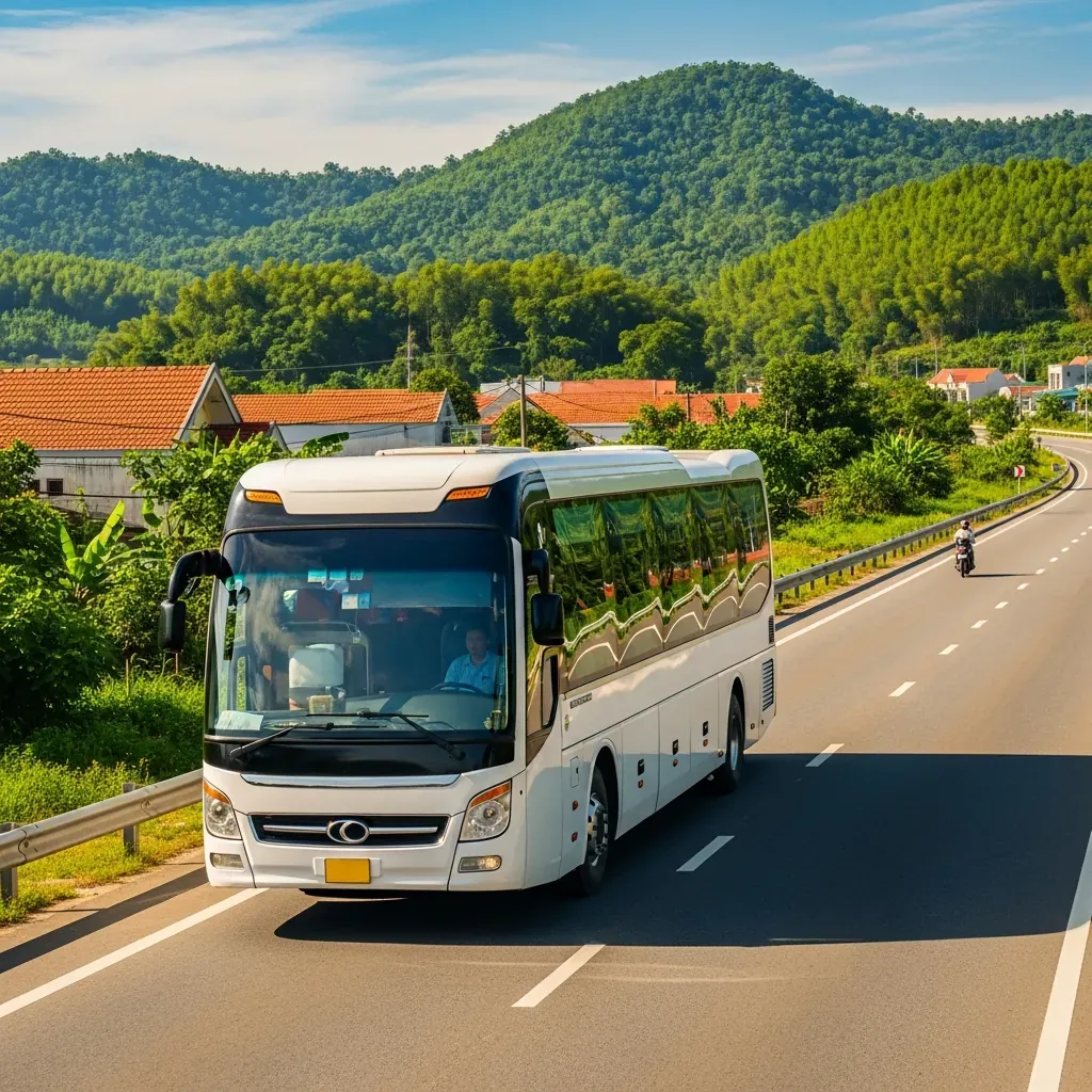 Xe giường nằm Kim Hoàng chạy trên tuyến đường quê Trà Vinh, khung cảnh đồng lúa xanh.