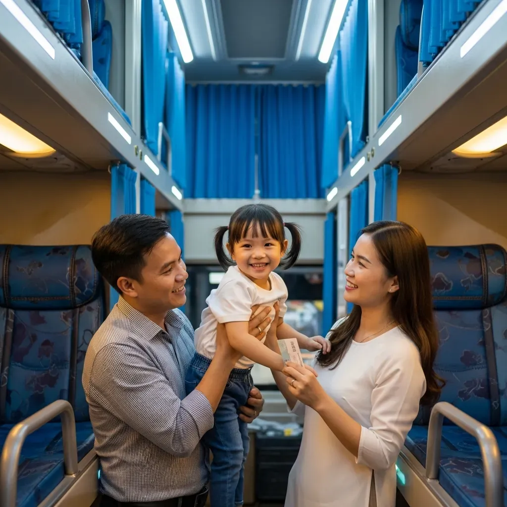Gia đình Việt Nam có trẻ nhỏ lên xe giường nằm, trẻ ngồi chung giường với bố mẹ.