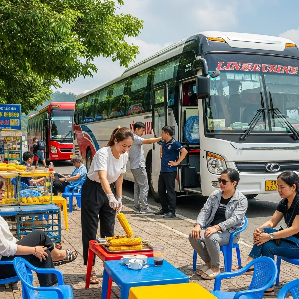 Hành khách dừng chân tại trạm nghỉ ven đường, mua đồ ăn nhẹ và thư giãn.