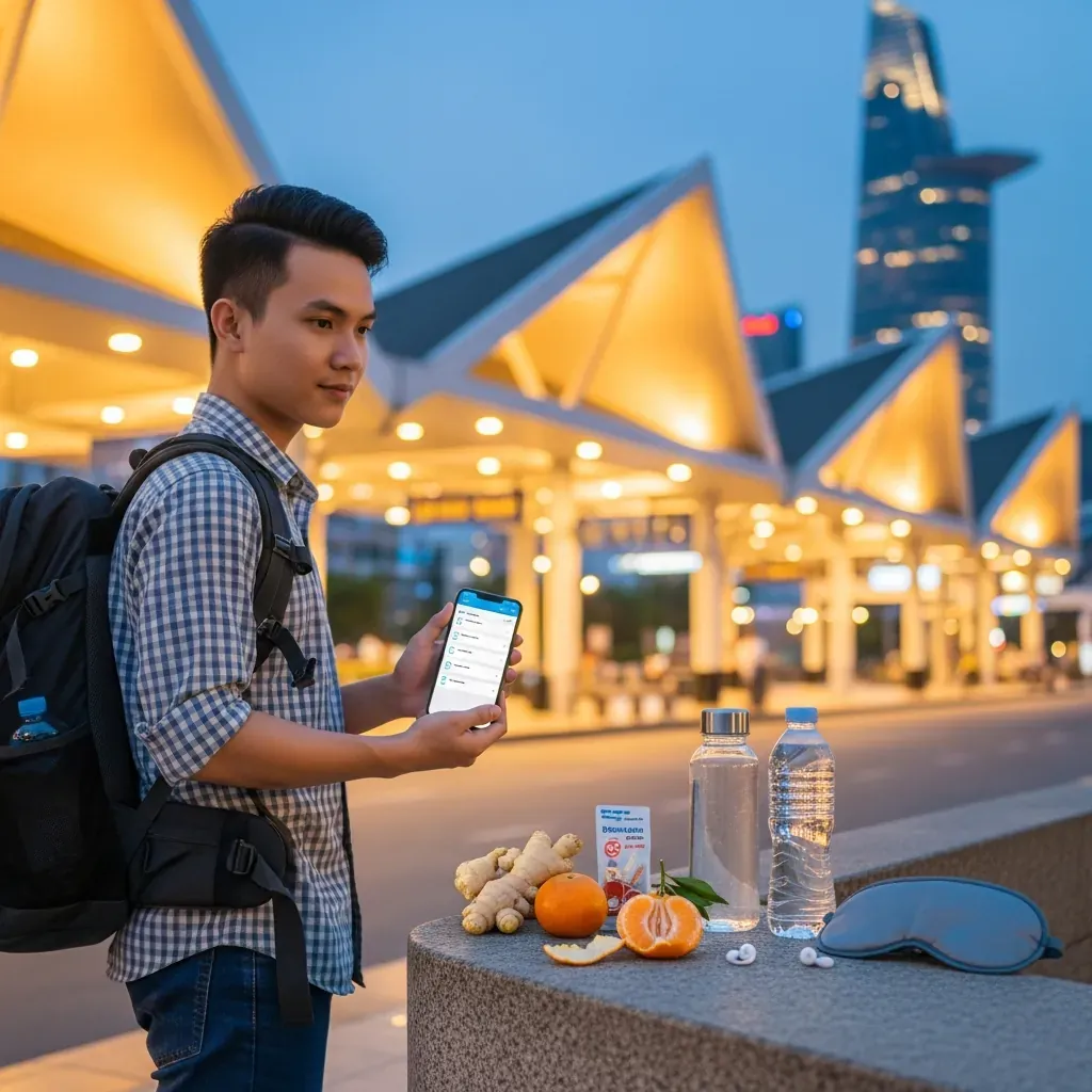 Hành khách Việt Nam kiểm tra danh sách chuẩn bị trước khi lên xe tại bến xe hiện đại.