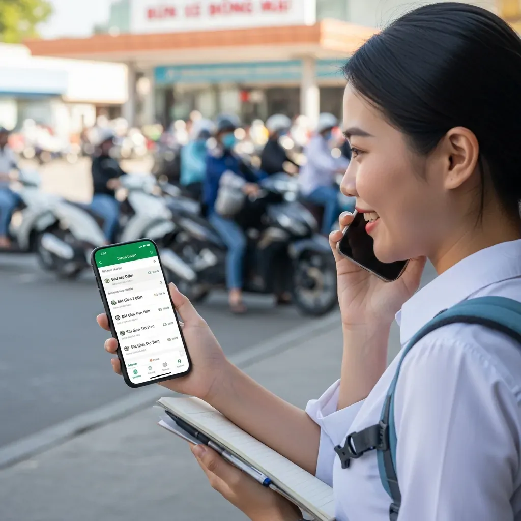 Nữ hành khách Việt Nam gọi điện và tra ứng dụng tìm vé dự phòng khi chuyến bị hủy.