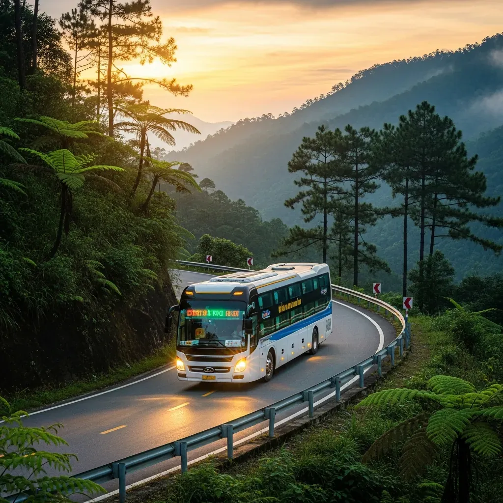 Xe giường nằm limousine di chuyển an toàn qua đèo Lò Xo xanh mát lúc chiều tà.