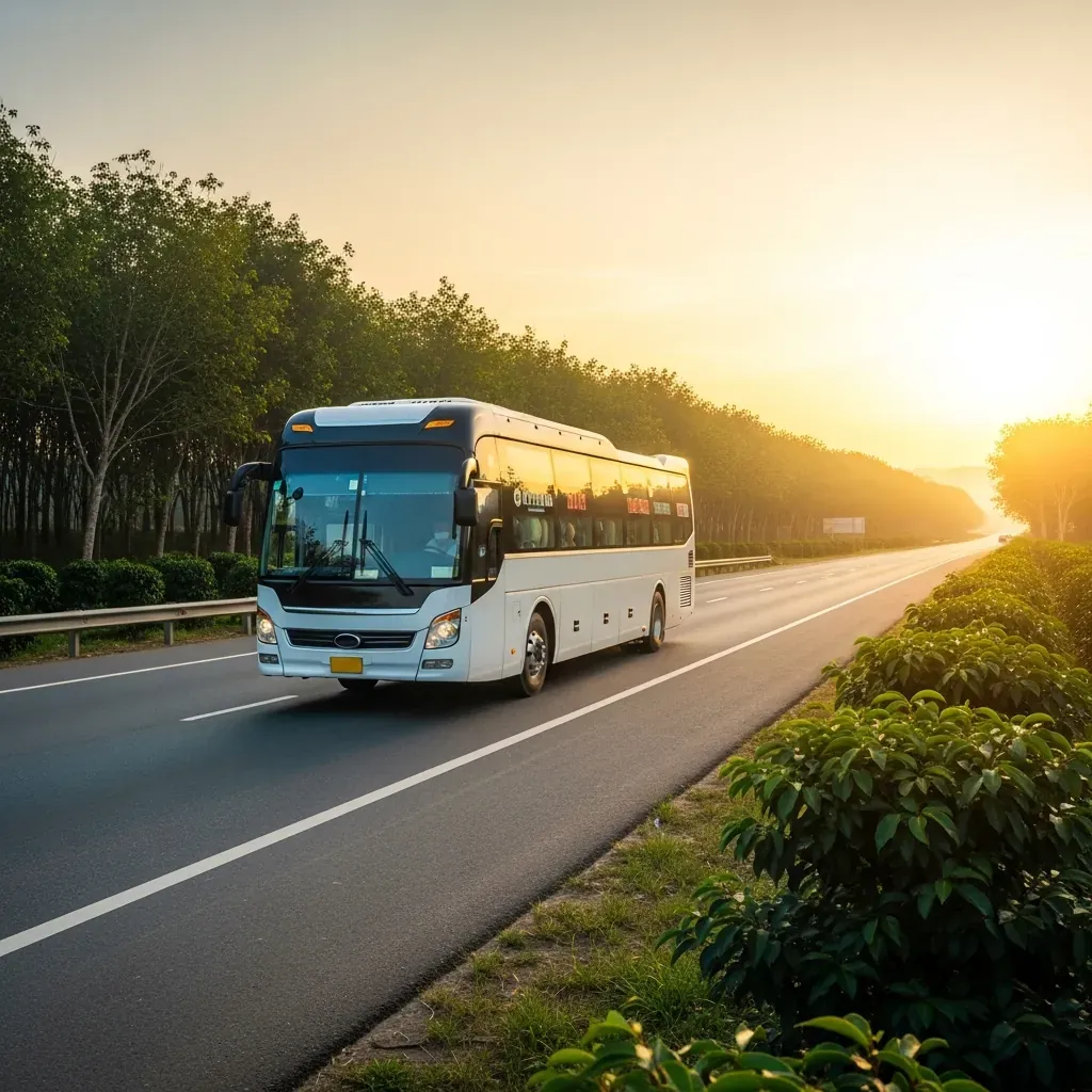Xe khách giường nằm chạy đúng giờ trên đường cao tốc giữa rừng cao su lúc bình minh.